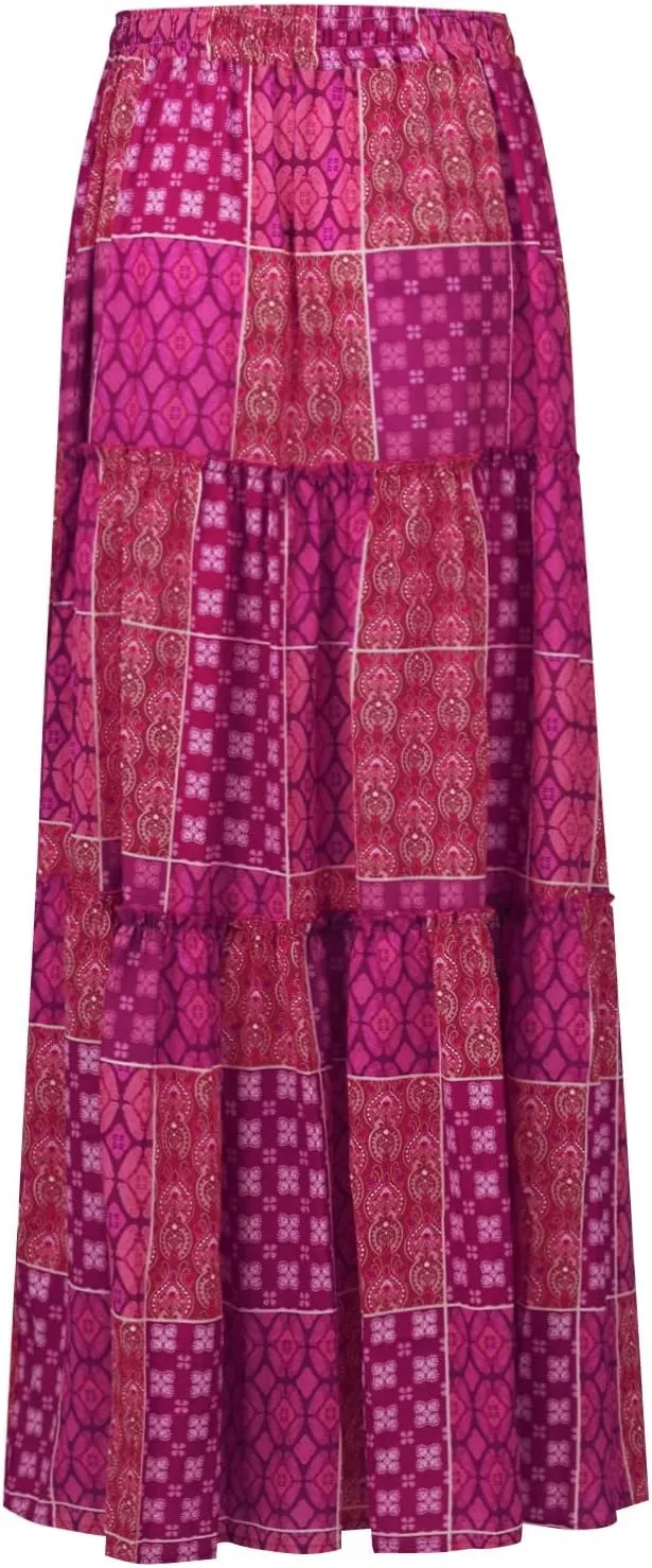 Womens Boho Maxi Skirt Tie Elastic High Waist Long Skirts Casual Summer Tiered Ruffle Trendy Print Skirt with Pockets