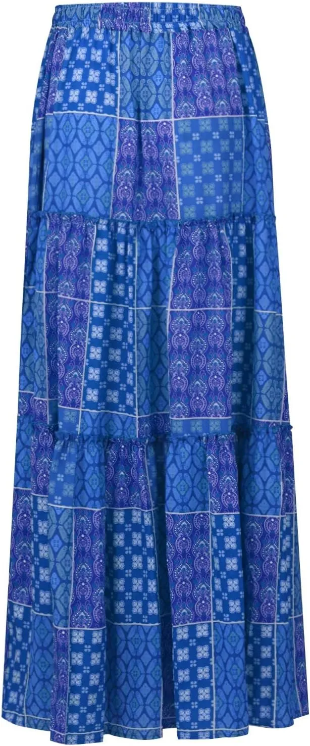 Womens Boho Maxi Skirt Tie Elastic High Waist Long Skirts Casual Summer Tiered Ruffle Trendy Print Skirt with Pockets