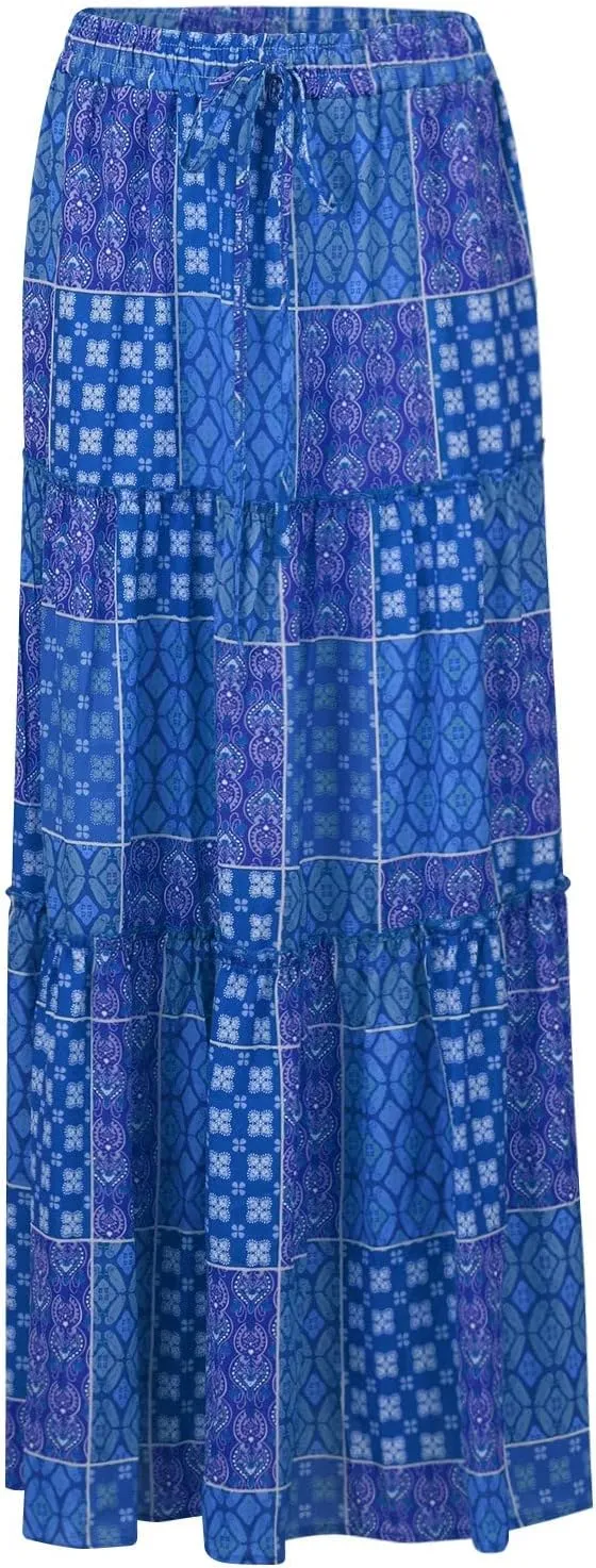 Womens Boho Maxi Skirt Tie Elastic High Waist Long Skirts Casual Summer Tiered Ruffle Trendy Print Skirt with Pockets