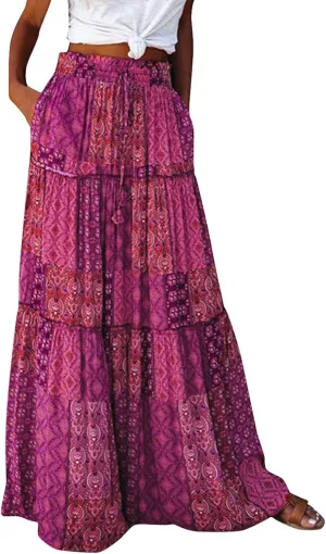 Womens Boho Maxi Skirt Tie Elastic High Waist Long Skirts Casual Summer Tiered Ruffle Trendy Print Skirt with Pockets