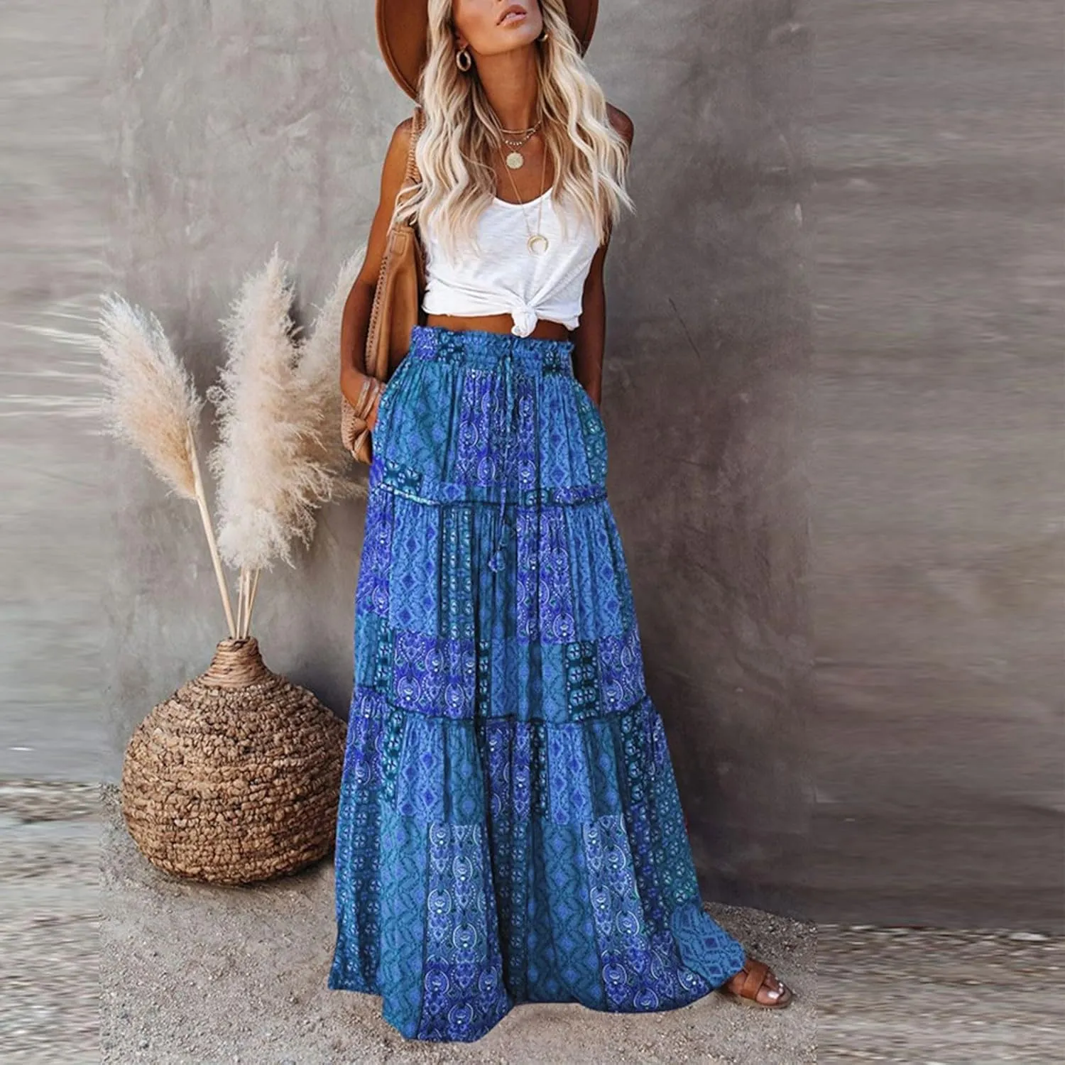 Womens Boho Maxi Skirt Tie Elastic High Waist Long Skirts Casual Summer Tiered Ruffle Trendy Print Skirt with Pockets