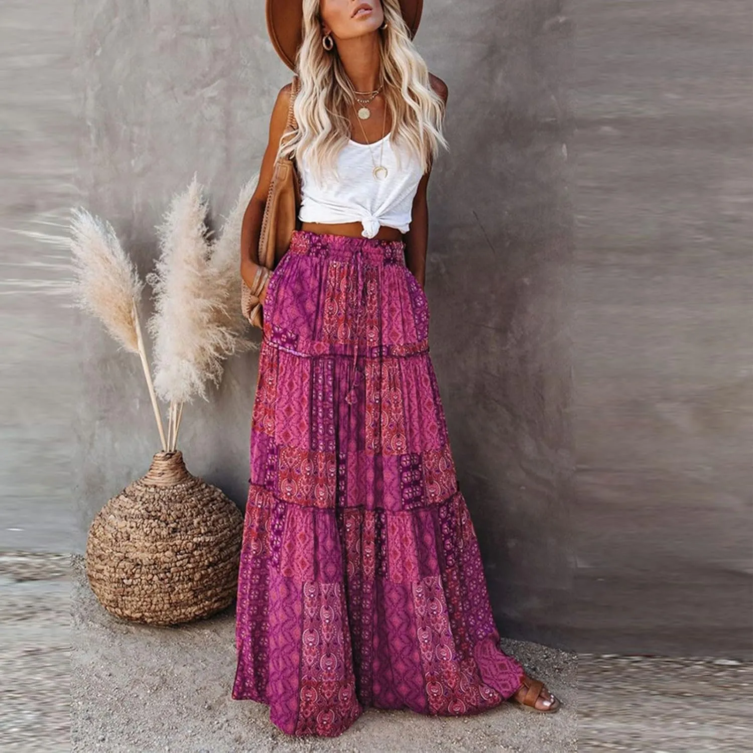 Womens Boho Maxi Skirt Tie Elastic High Waist Long Skirts Casual Summer Tiered Ruffle Trendy Print Skirt with Pockets