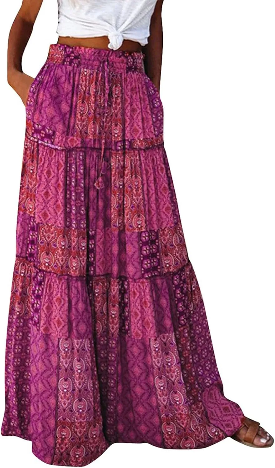 Womens Boho Maxi Skirt Tie Elastic High Waist Long Skirts Casual Summer Tiered Ruffle Trendy Print Skirt with Pockets
