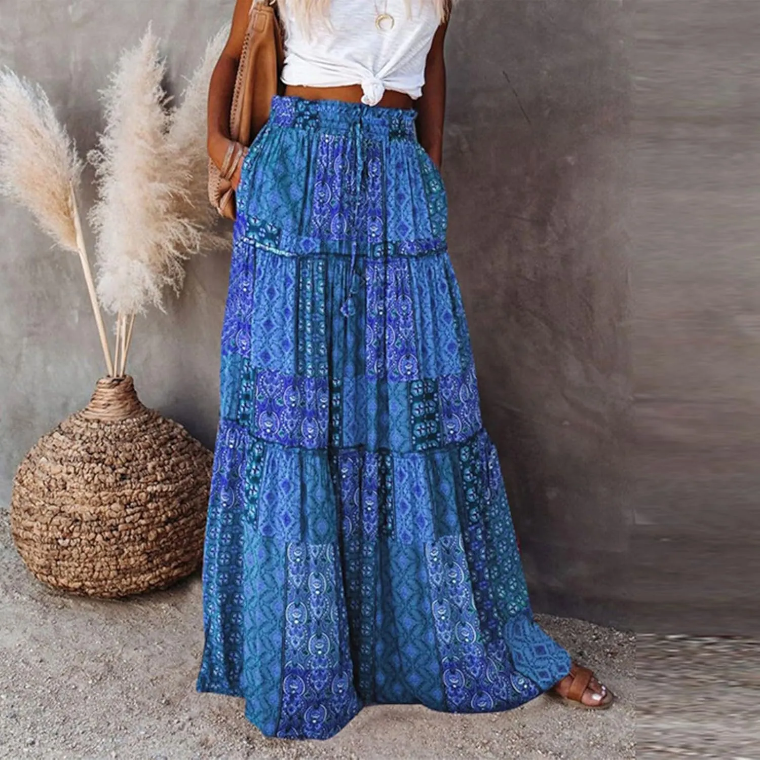 Womens Boho Maxi Skirt Tie Elastic High Waist Long Skirts Casual Summer Tiered Ruffle Trendy Print Skirt with Pockets
