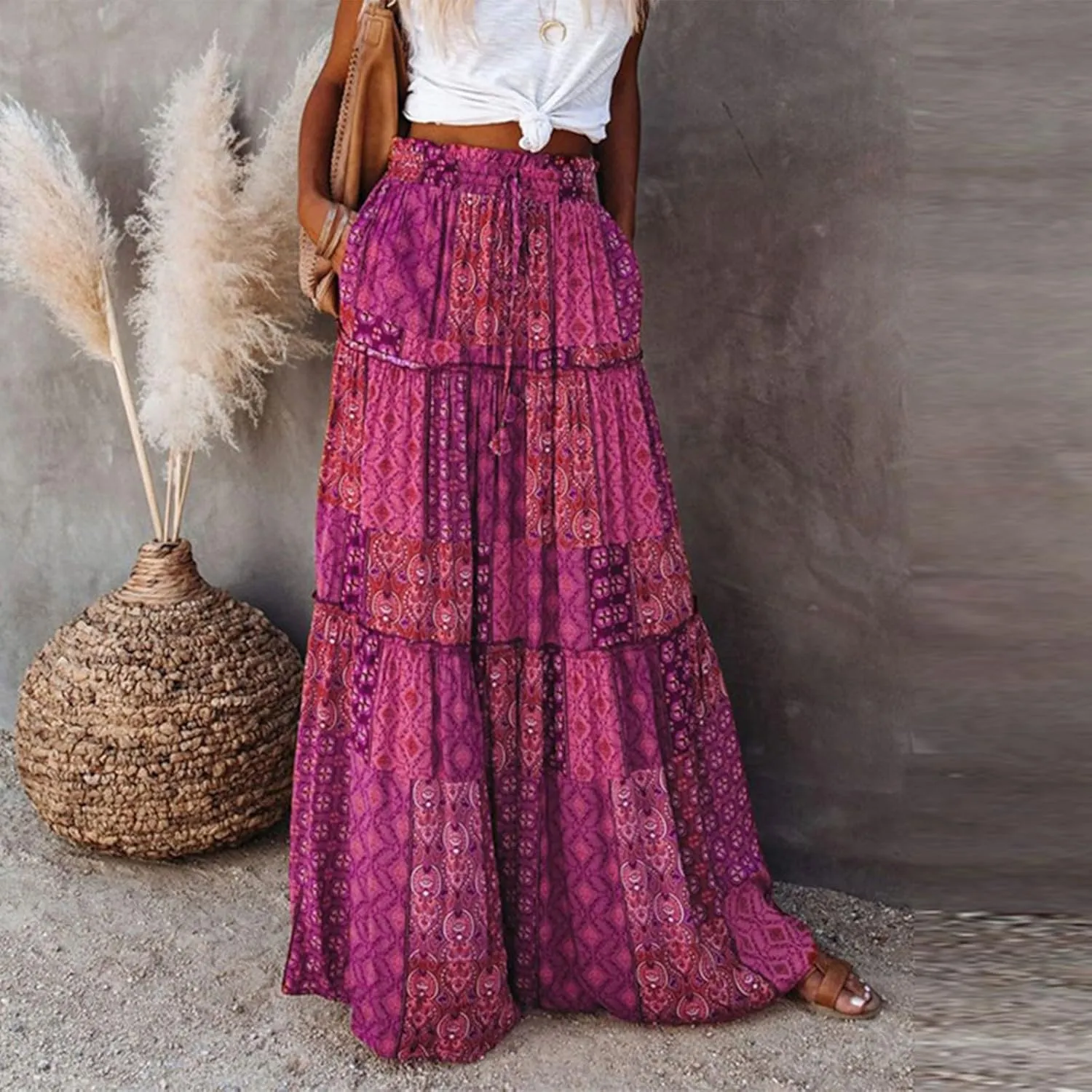 Womens Boho Maxi Skirt Tie Elastic High Waist Long Skirts Casual Summer Tiered Ruffle Trendy Print Skirt with Pockets
