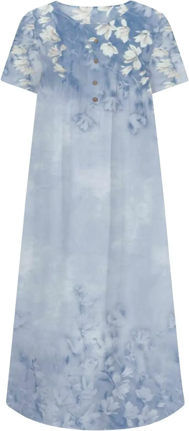 Womens Button Down Summer Dress 2024 Trendy Short Sleeve Dresses Causal Long Maxi Dress Boho Clothing with Pockets