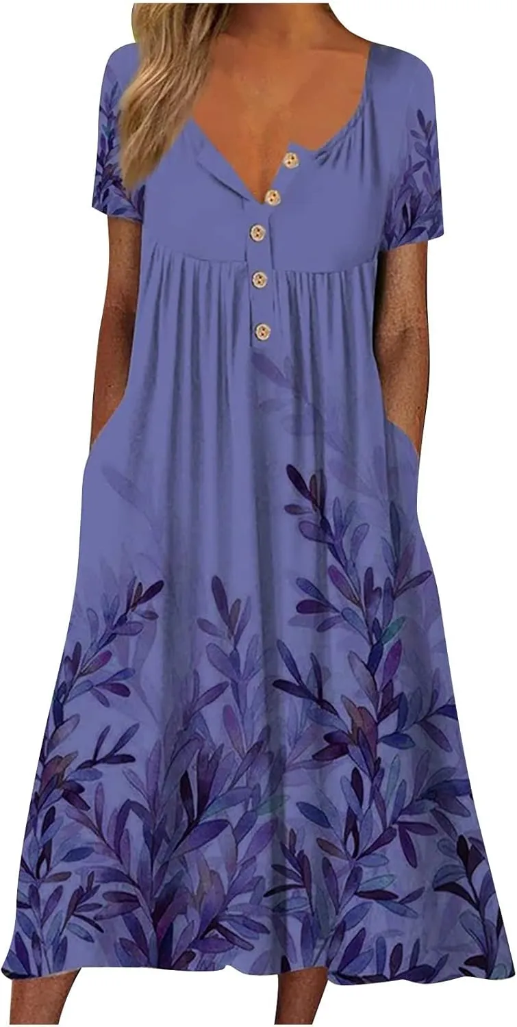 Womens Button Down Summer Dress 2024 Trendy Short Sleeve Dresses Causal Long Maxi Dress Boho Clothing with Pockets