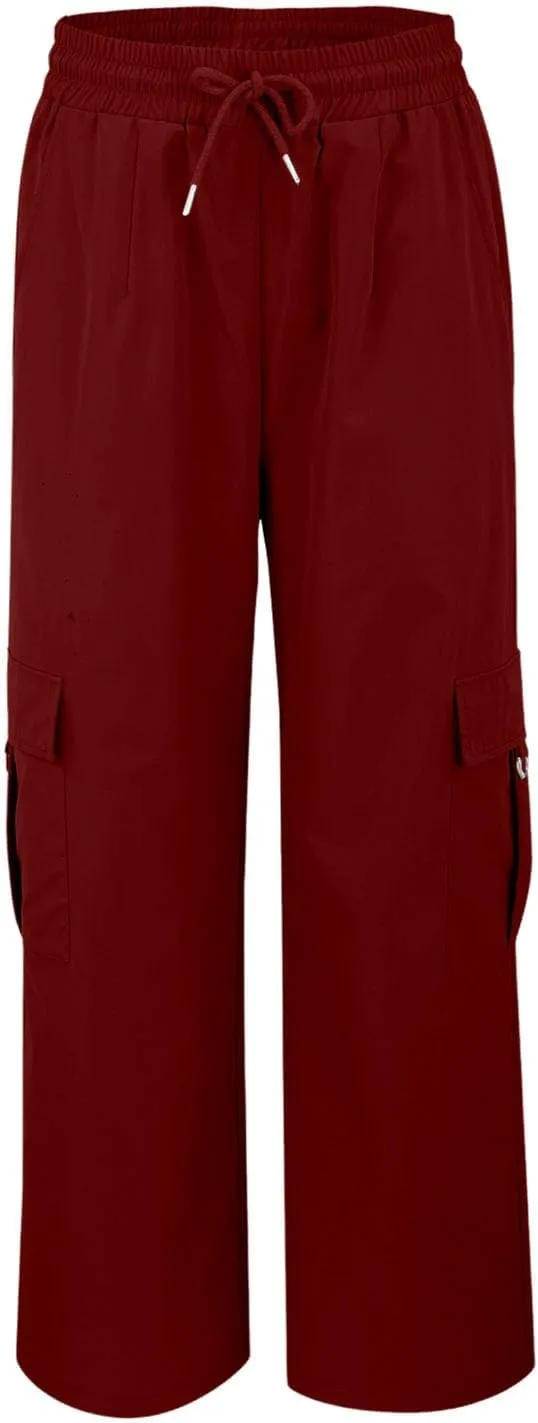 Womens Cargo Pants Casual High Waist Stretch Drawstring Straight Wide Leg Trousers Summer Baggy Trousers with Pockets