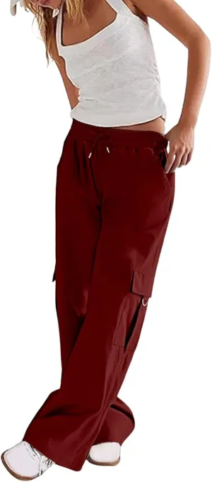 Womens Cargo Pants Casual High Waist Stretch Drawstring Straight Wide Leg Trousers Summer Baggy Trousers with Pockets