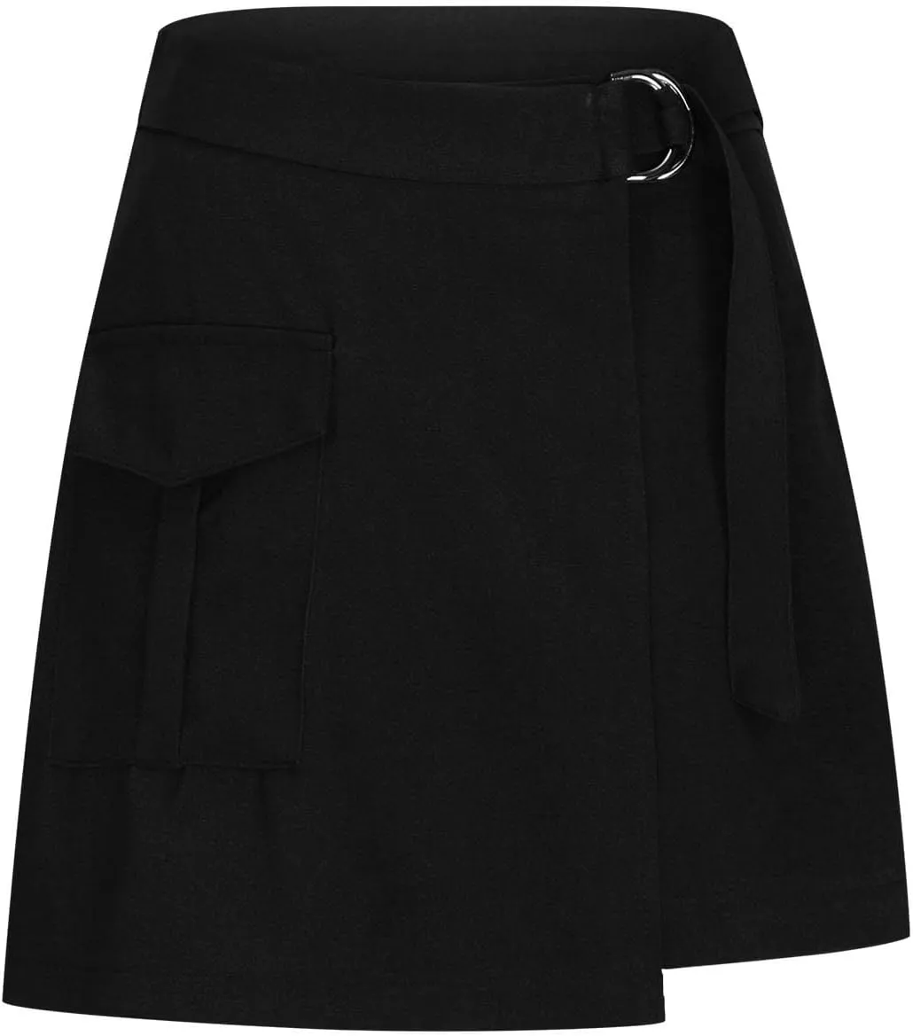 Women's Cargo Skirt Asymmetrical Slit High Waist Wrap Mini Skirt Bodycon Stretchy A-line Skirt with Adjustable Belt