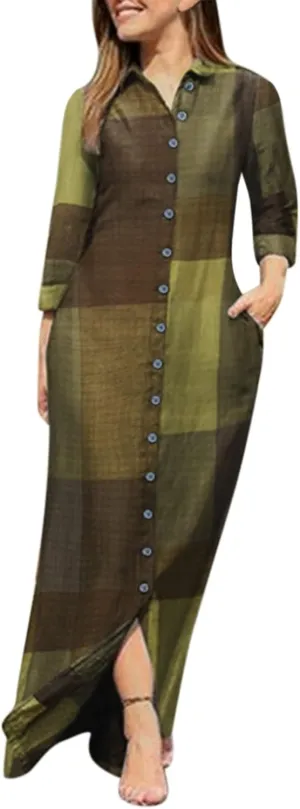 Womens Casual Button Down Denim Maxi Dress Lapel Long Sleeve Long Jean Dresses for Ladies with Pockets Fall Outfits