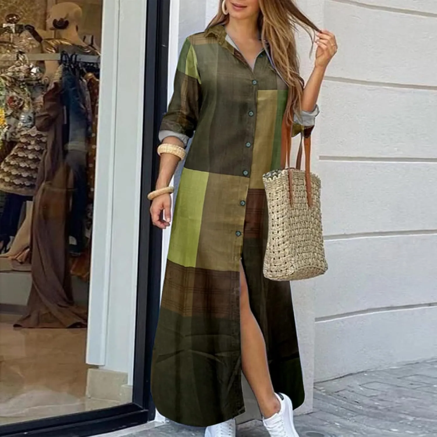 Womens Casual Button Down Denim Maxi Dress Lapel Long Sleeve Long Jean Dresses for Ladies with Pockets Fall Outfits