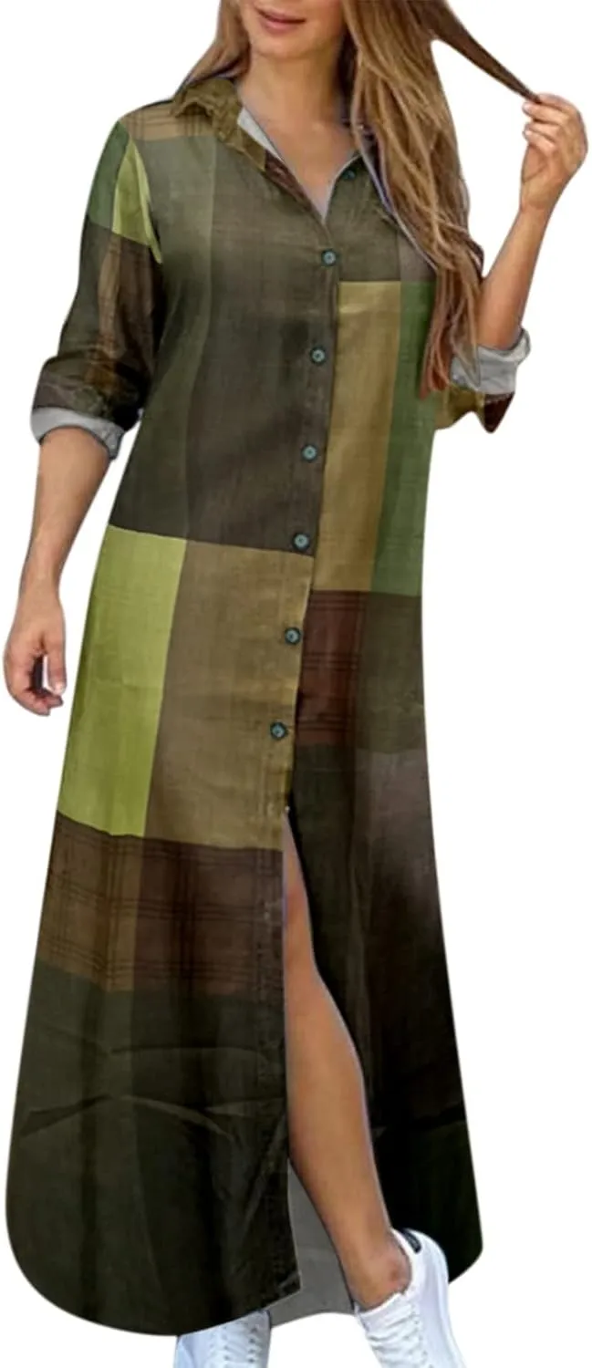 Womens Casual Button Down Denim Maxi Dress Lapel Long Sleeve Long Jean Dresses for Ladies with Pockets Fall Outfits