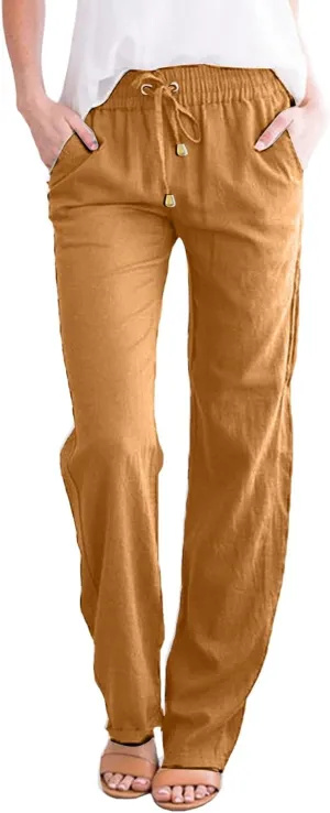 Womens Casual Cotton Linen Pants Drawstring Loose Summer Trousers Straight Leg Comfy Lounge Long Trousers with Pocket