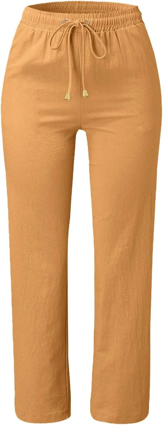 Womens Casual Cotton Linen Pants Drawstring Loose Summer Trousers Straight Leg Comfy Lounge Long Trousers with Pocket