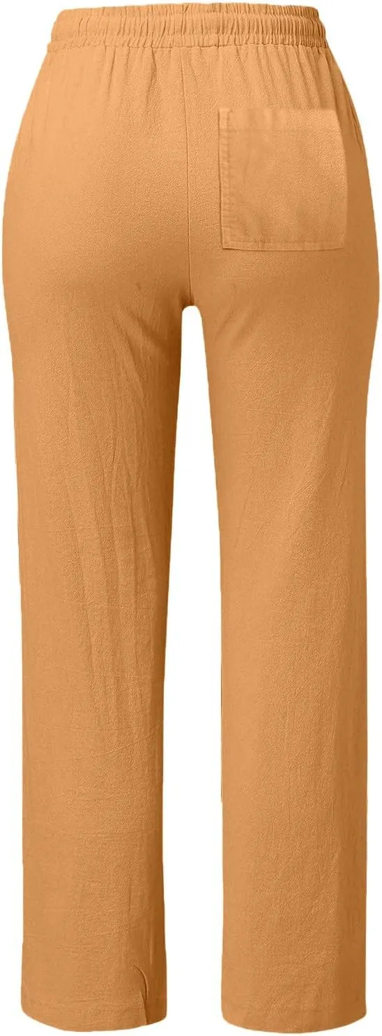 Womens Casual Cotton Linen Pants Drawstring Loose Summer Trousers Straight Leg Comfy Lounge Long Trousers with Pocket