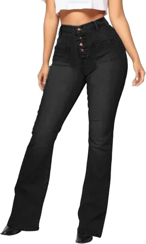 Womens Casual Distressed High Waisted Denim Pants Stretch Baggy Loose Wide Leg Jeans