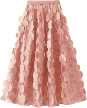 Women's Circular Applique Mesh Long Skirts Summer Korean High Waist A-Line Skirts