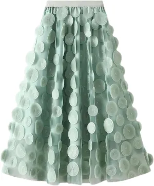 Women's Circular Applique Mesh Long Skirts Summer Korean High Waist A-Line Skirts