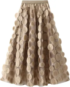 Women's Circular Applique Mesh Long Skirts Summer Korean High Waist A-Line Skirts