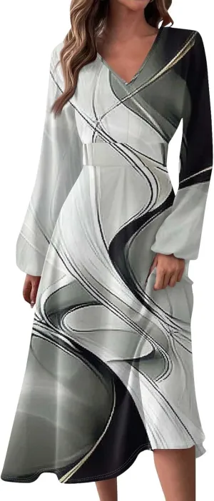 Womens Classy Gradient Long Sleeve Dresses Trendy Comfy V-Neck Spring Long Dress