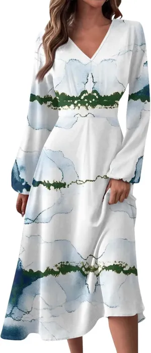 Womens Classy Gradient Long Sleeve Dresses Trendy Comfy V-Neck Spring Long Dress
