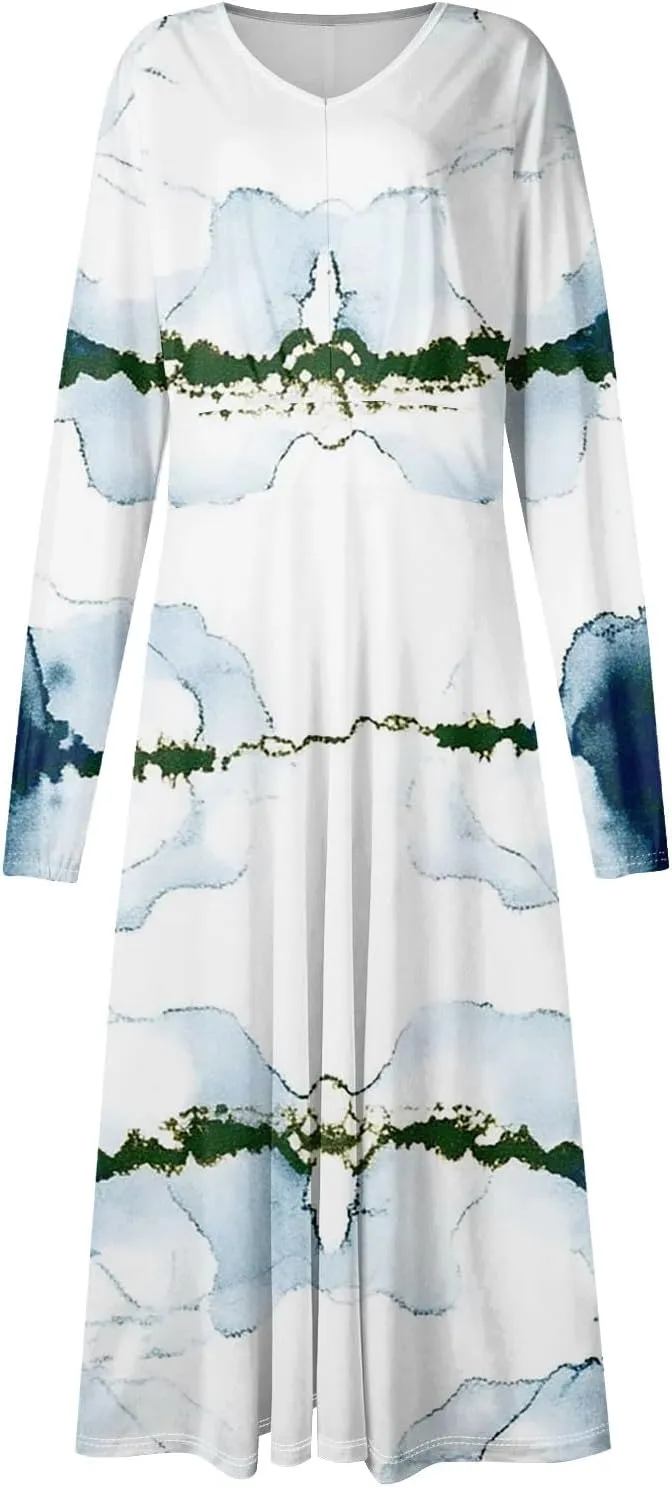 Womens Classy Gradient Long Sleeve Dresses Trendy Comfy V-Neck Spring Long Dress