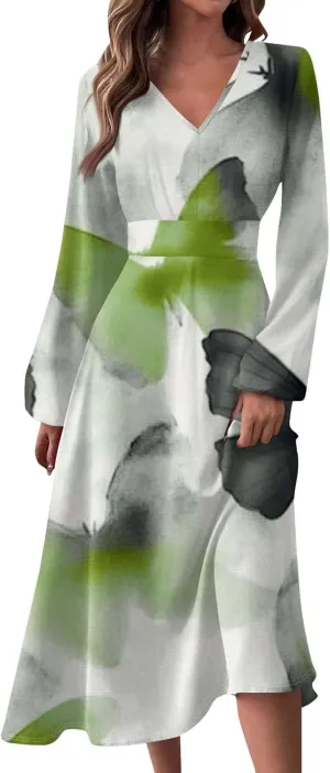 Womens Classy Gradient Long Sleeve Dresses Trendy Comfy V-Neck Spring Long Dress