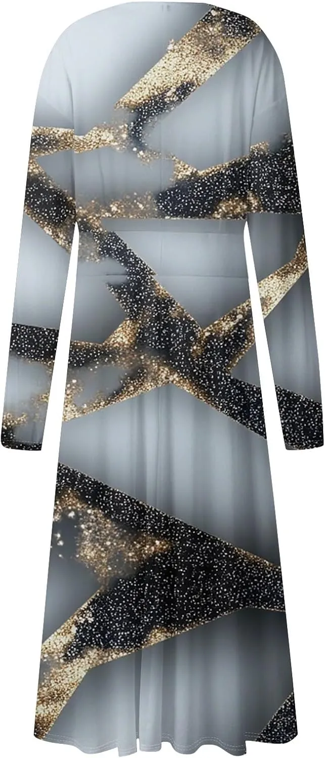 Womens Classy Gradient Long Sleeve Dresses Trendy Comfy V-Neck Spring Long Dress