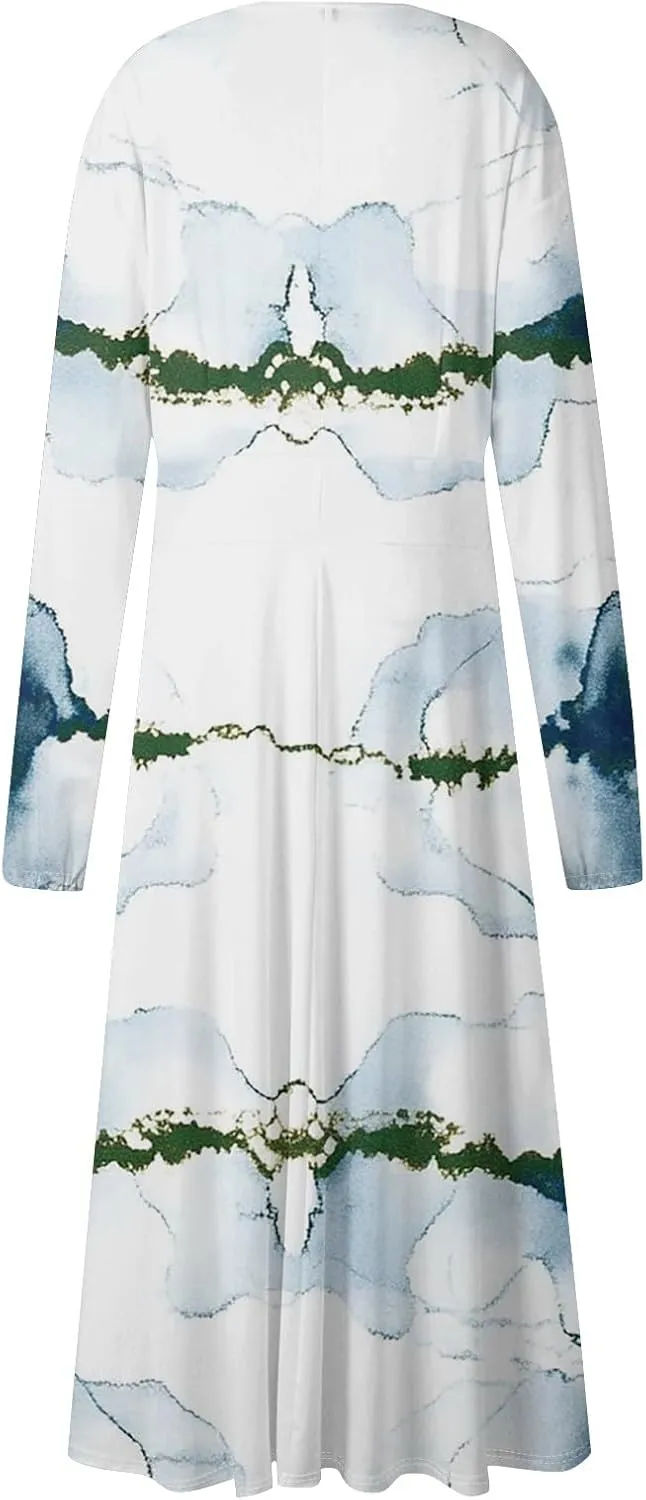 Womens Classy Gradient Long Sleeve Dresses Trendy Comfy V-Neck Spring Long Dress