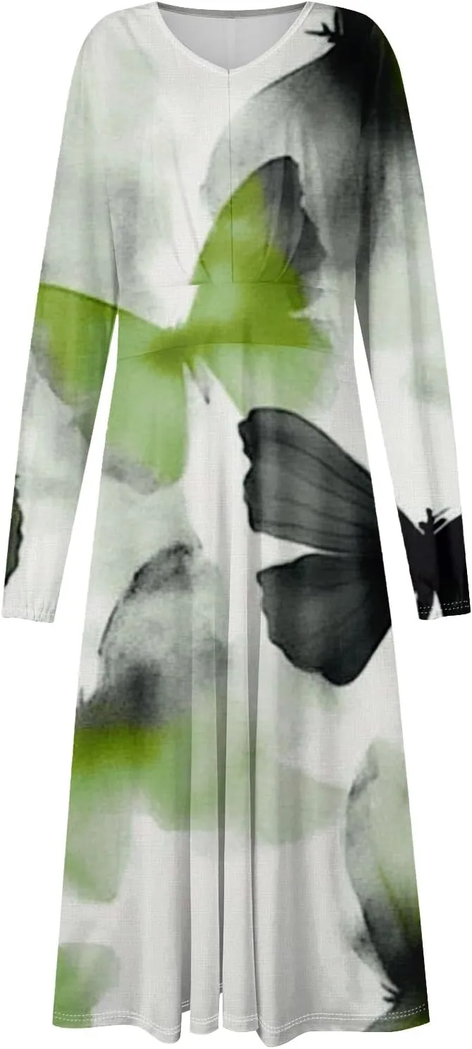 Womens Classy Gradient Long Sleeve Dresses Trendy Comfy V-Neck Spring Long Dress