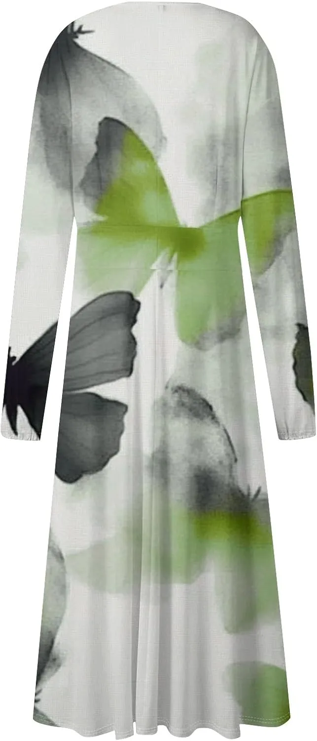 Womens Classy Gradient Long Sleeve Dresses Trendy Comfy V-Neck Spring Long Dress