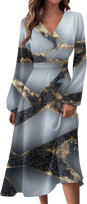 Womens Classy Gradient Long Sleeve Dresses Trendy Comfy V-Neck Spring Long Dress