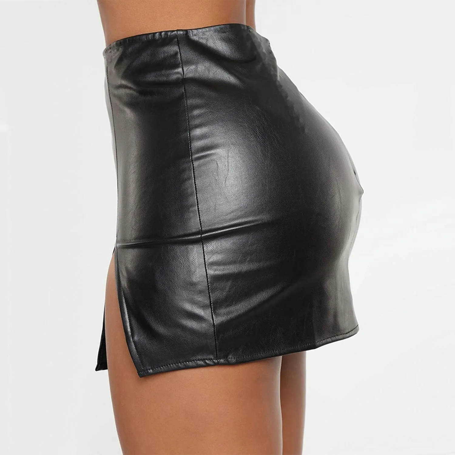 Women's Comfortable Fashion Basic High Waist Faux Leather Bodycon Mini Pencil Skirt Dorm Bed Skirt