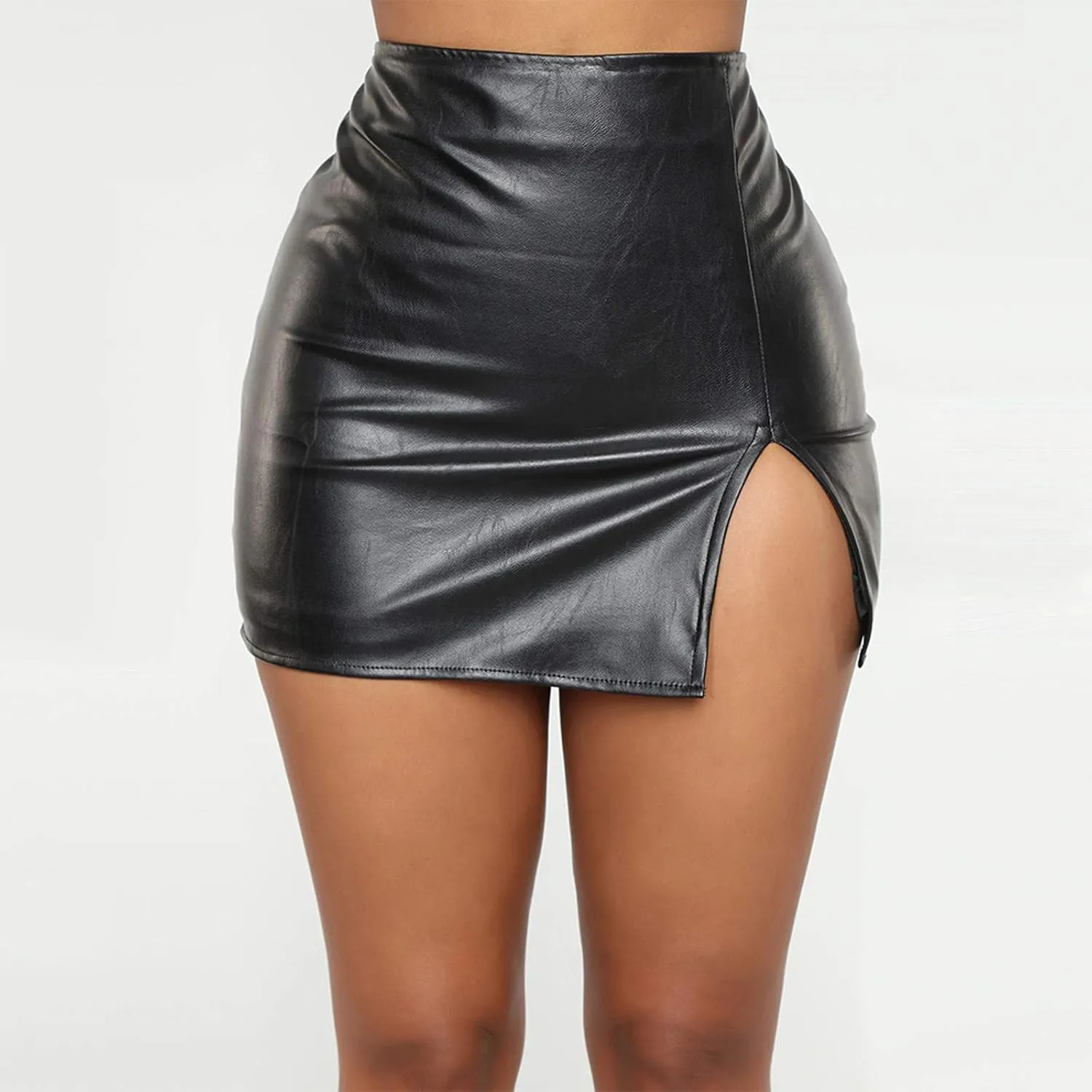 Women's Comfortable Fashion Basic High Waist Faux Leather Bodycon Mini Pencil Skirt Dorm Bed Skirt