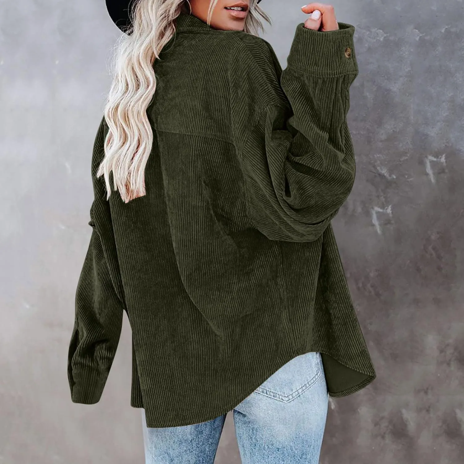 Womens Corduroy Shirts Fall Loose Lapel Buttoned Roll Up Long Sleeve Solid Color Casual Blouse Dressy Business Tunics