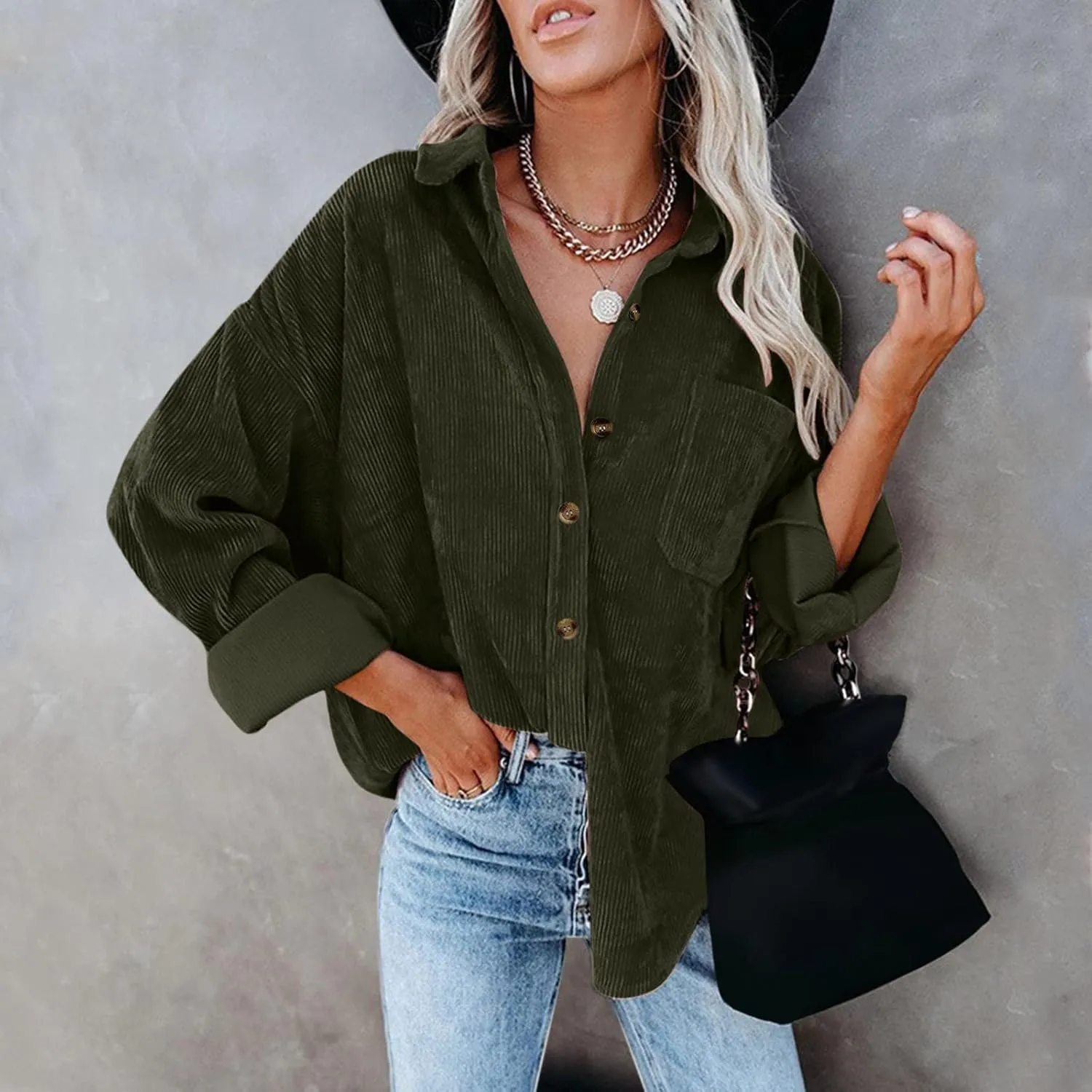 Womens Corduroy Shirts Fall Loose Lapel Buttoned Roll Up Long Sleeve Solid Color Casual Blouse Dressy Business Tunics