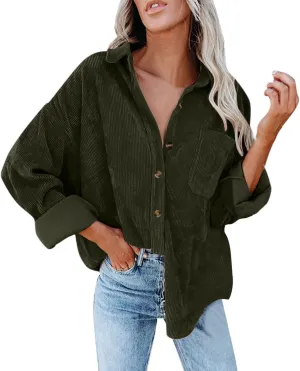Womens Corduroy Shirts Fall Loose Lapel Buttoned Roll Up Long Sleeve Solid Color Casual Blouse Dressy Business Tunics