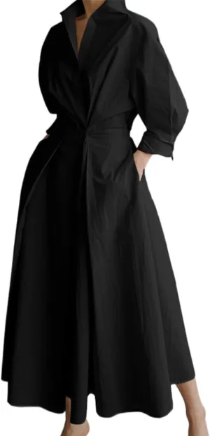 Womens Cotton Button Down Maxi Tshirt Dress Ladies Collared Lapel Long Sleeve Dresses