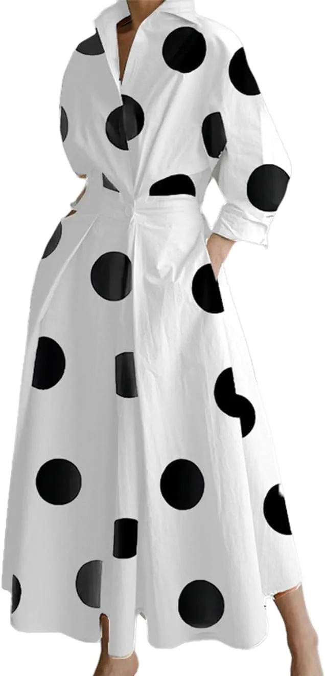 Womens Cotton Button Down Maxi Tshirt Dress Ladies Collared Lapel Long Sleeve Dresses