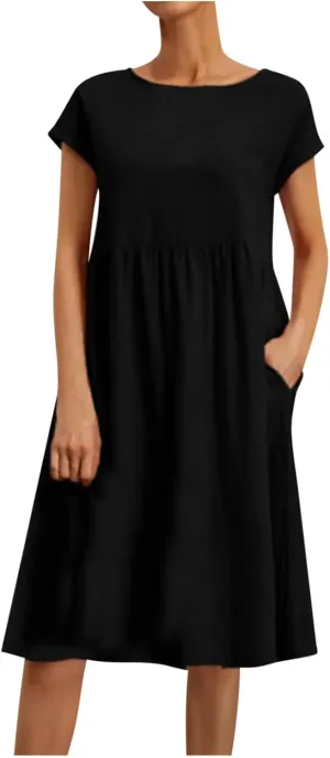 Women's Cotton Linen Dress Solid Color Crew Neck Short Sleeve Dresses Summer Beach Casual Fashion 2025 Midi Dress