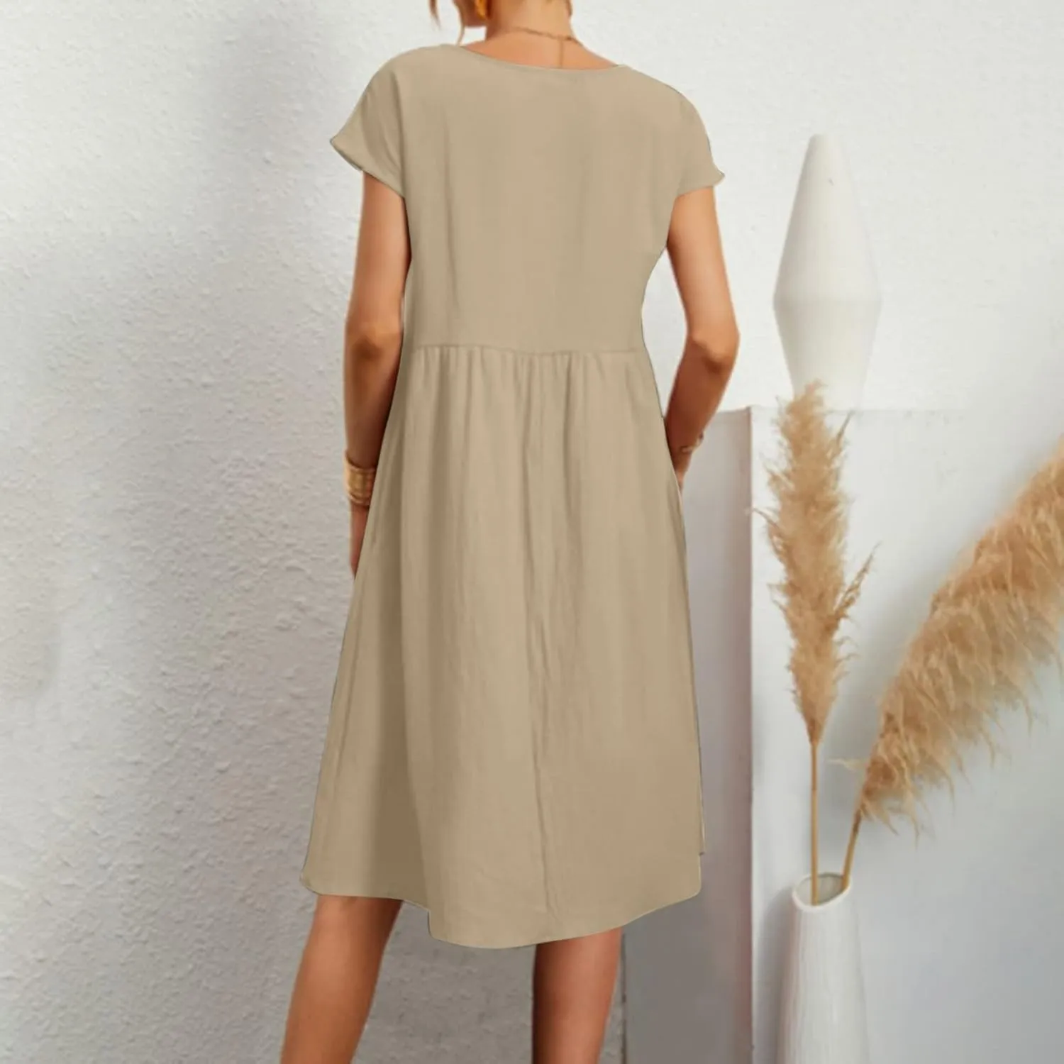 Women's Cotton Linen Dress Solid Color Crew Neck Short Sleeve Dresses Summer Beach Casual Fashion 2025 Midi Dress