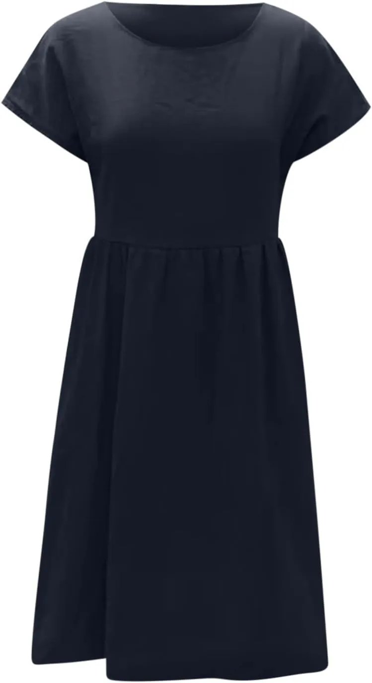 Women's Cotton Linen Dress Solid Color Crew Neck Short Sleeve Dresses Summer Beach Casual Fashion 2025 Midi Dress