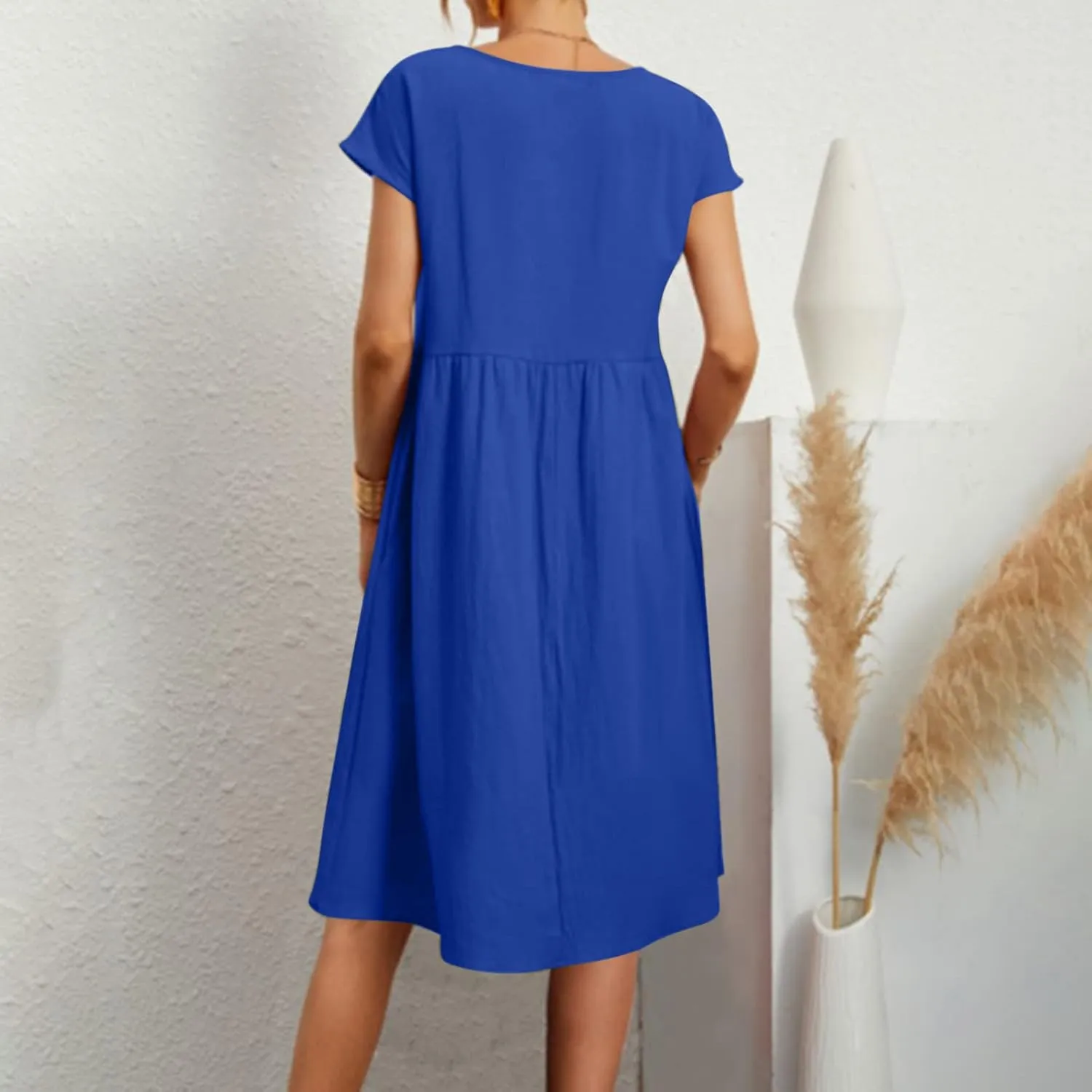 Women's Cotton Linen Dress Solid Color Crew Neck Short Sleeve Dresses Summer Beach Casual Fashion 2025 Midi Dress