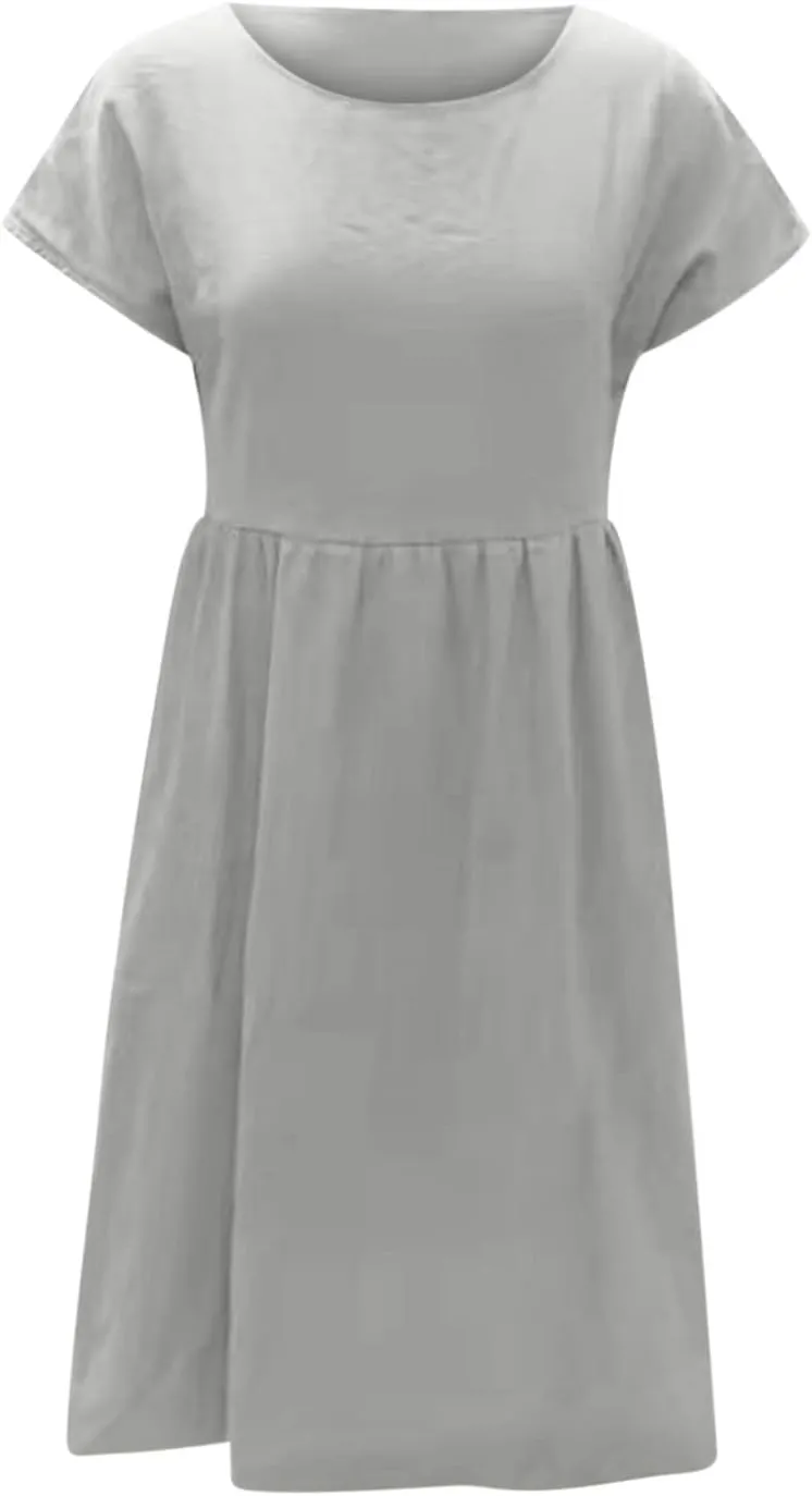 Women's Cotton Linen Dress Solid Color Crew Neck Short Sleeve Dresses Summer Beach Casual Fashion 2025 Midi Dress