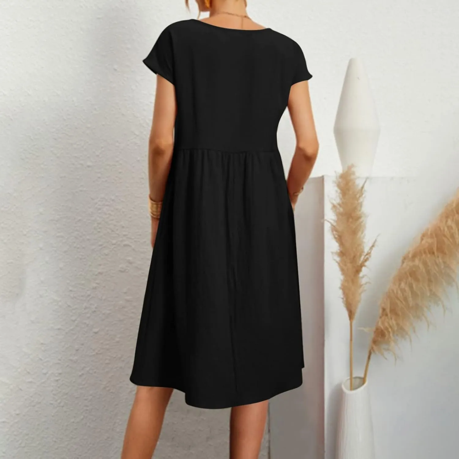 Women's Cotton Linen Dress Solid Color Crew Neck Short Sleeve Dresses Summer Beach Casual Fashion 2025 Midi Dress