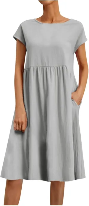 Women's Cotton Linen Dress Solid Color Crew Neck Short Sleeve Dresses Summer Beach Casual Fashion 2025 Midi Dress