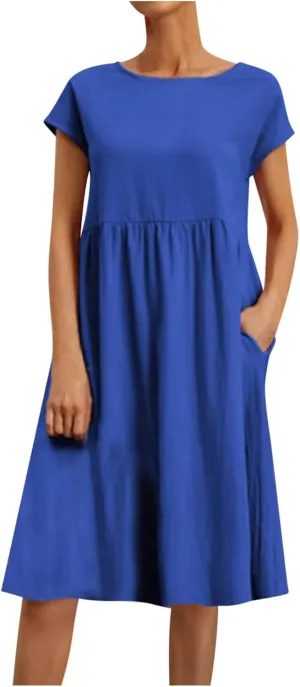 Women's Cotton Linen Dress Solid Color Crew Neck Short Sleeve Dresses Summer Beach Casual Fashion 2025 Midi Dress