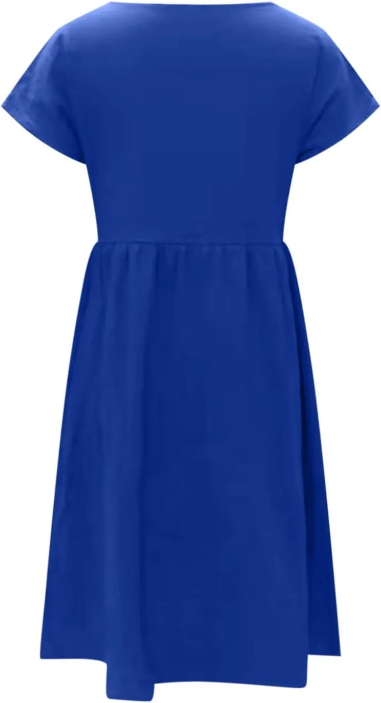 Women's Cotton Linen Dress Solid Color Crew Neck Short Sleeve Dresses Summer Beach Casual Fashion 2025 Midi Dress