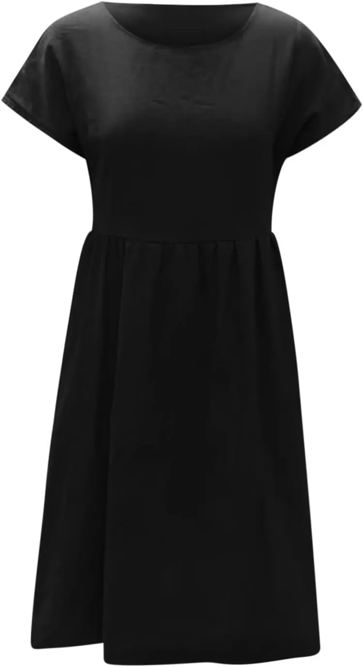 Women's Cotton Linen Dress Solid Color Crew Neck Short Sleeve Dresses Summer Beach Casual Fashion 2025 Midi Dress